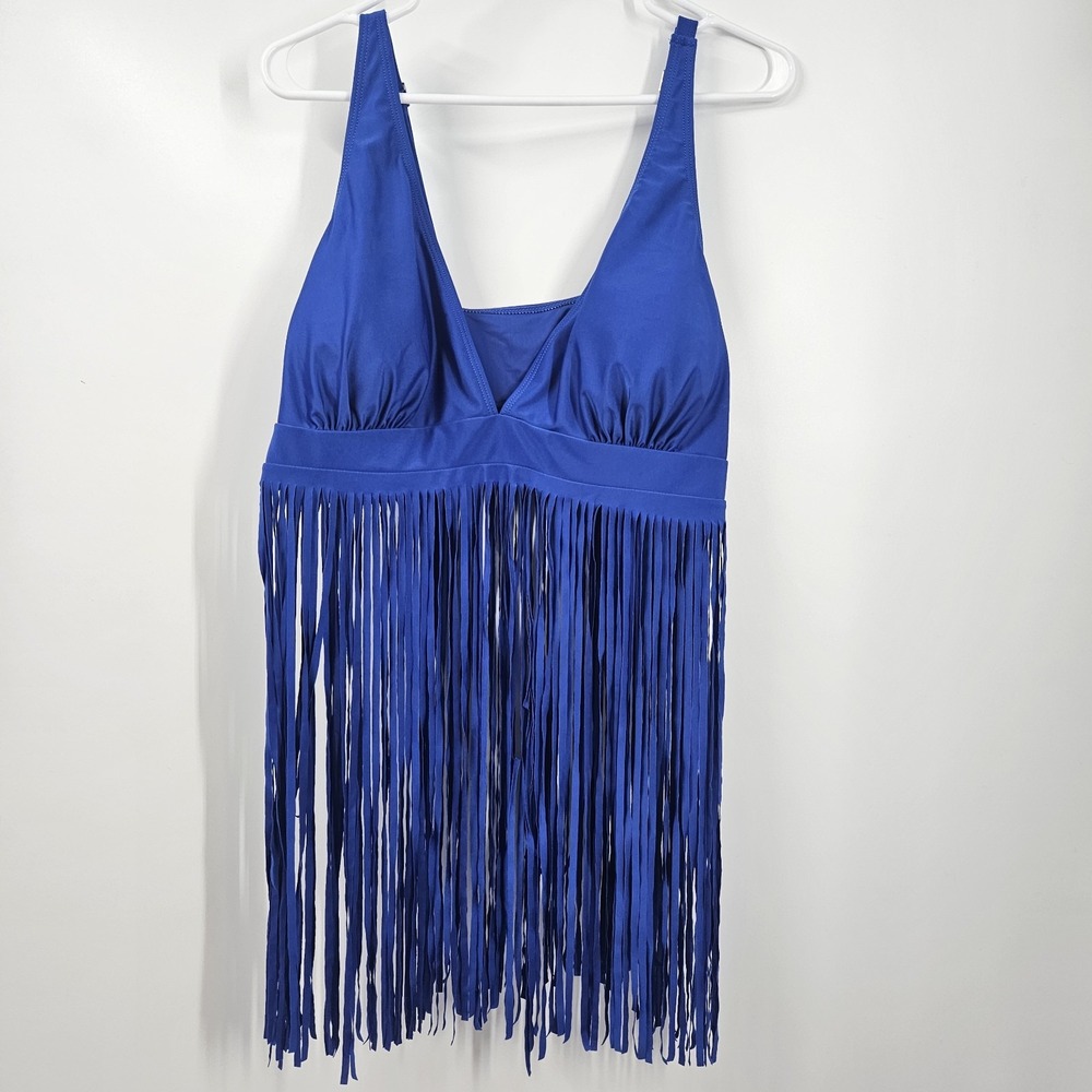 No‎ Brand WOmens Swim Top Only XLG Blue with Fringe Trim